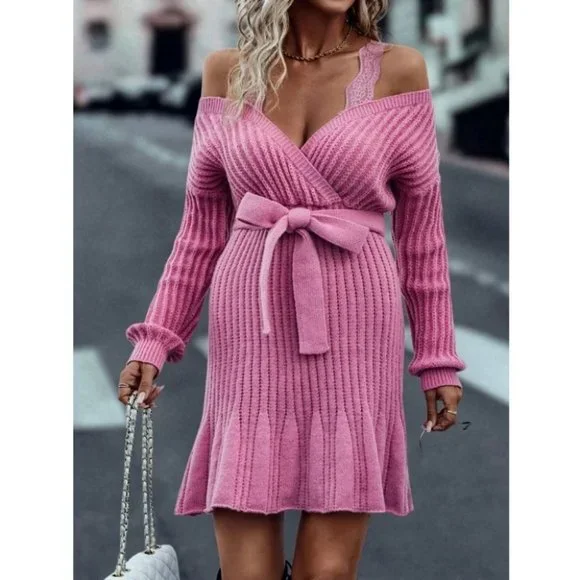Lace Detailed Cold Shoulder Long sleeve Belted Sweater Dress Pink - Picture 9 of 9